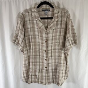 Silk Exchange 100% Silk Blouse Women's 20W Brown Plaid Short Sleeve Button Up